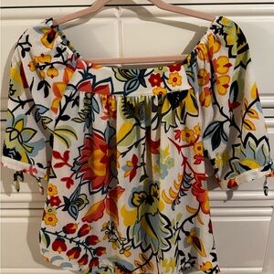 Ann Taylor White Floral Off-Shoulder Blouse with Yellow & Red Accents